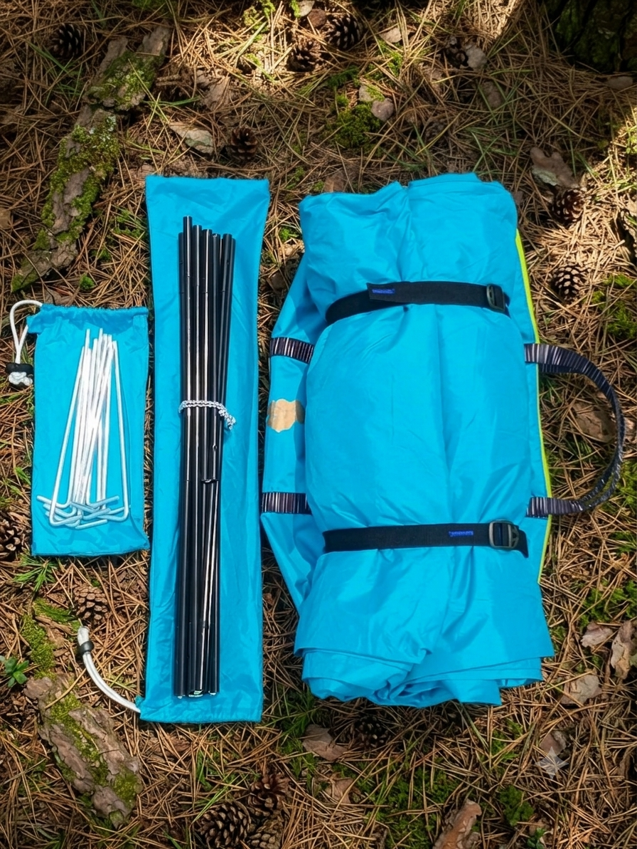 Compact packed Outdoors BD camping tent with aluminum pegs and fiber poles