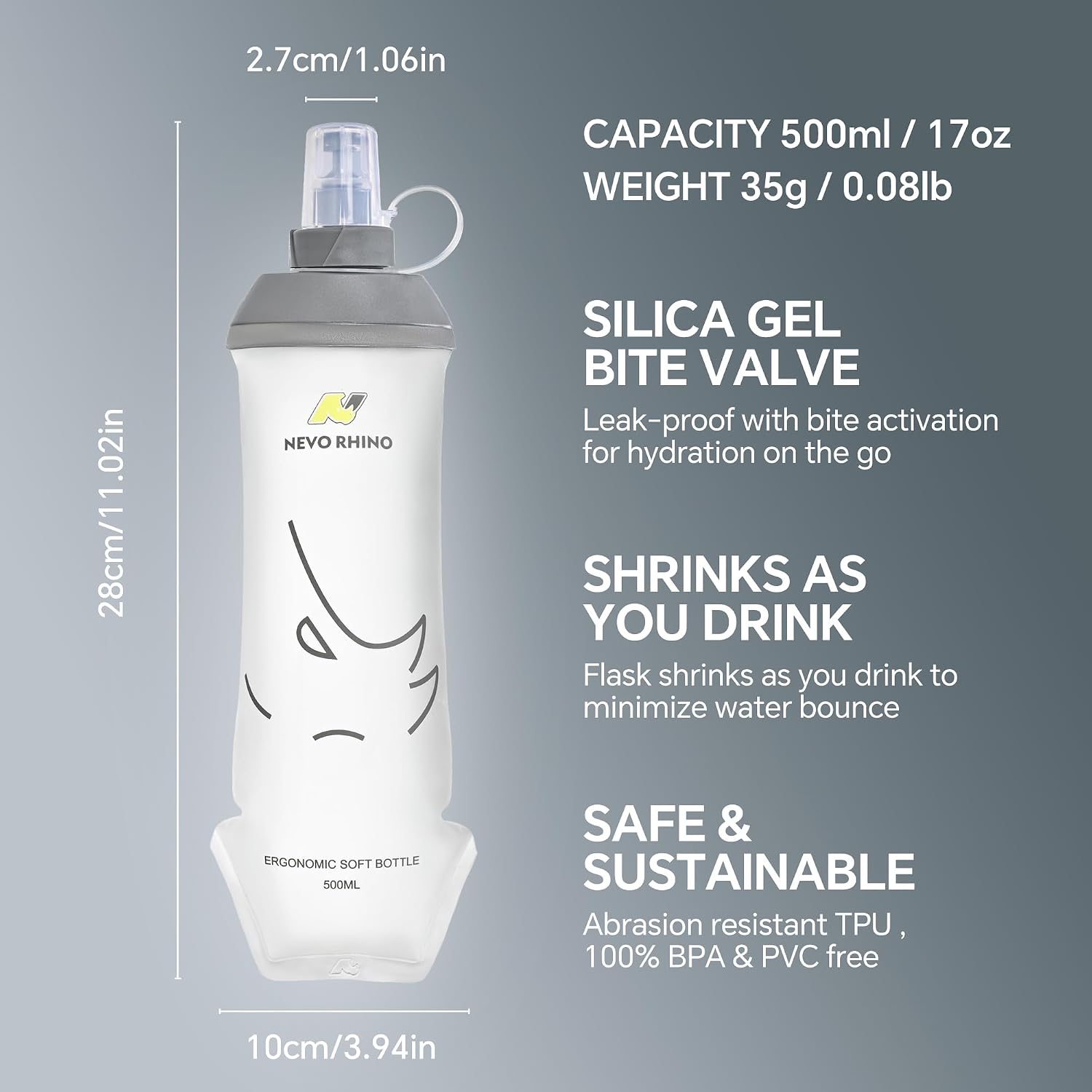 NEVO RHINO Soft Flask 500ml TPU Running Water Bottle - Outdoors BD