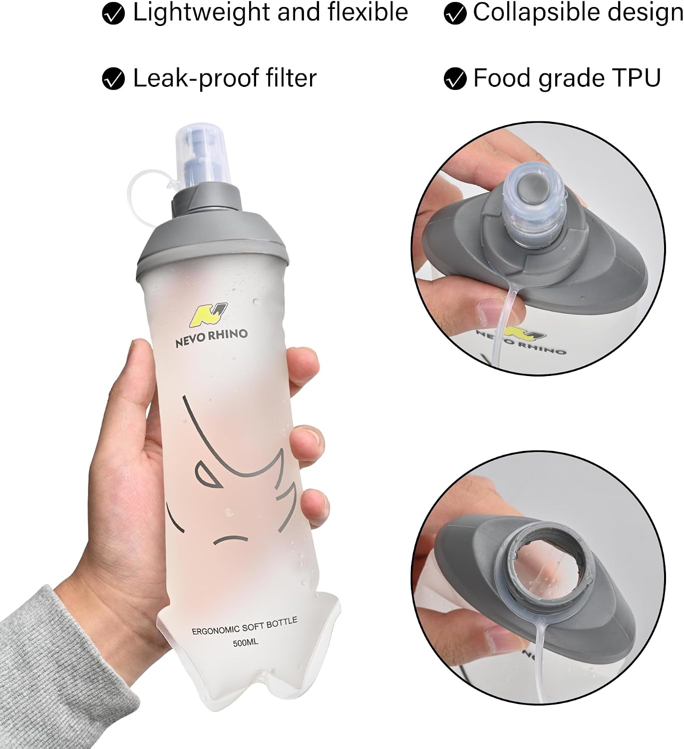 NEVO RHINO Soft Flask 500ml TPU Running Water Bottle - Outdoors BD